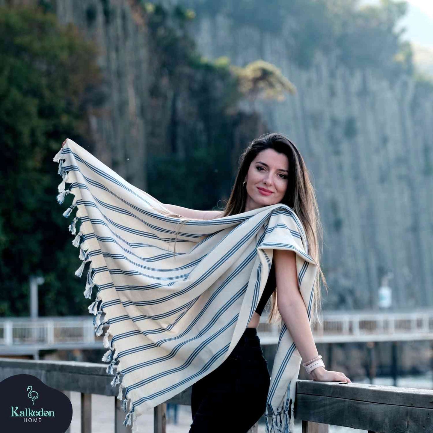 Dark Blue Striped Handwoven Turkish Towel